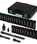 Heavy Duty One Half Inch Drive Deep 12 Point Impact Socket Set, 32 Piece SAE And Metric Kit with case and accessories displayed.