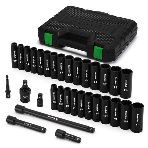 Heavy Duty One Half Inch Drive Deep 12 Point Impact Socket Set, 32 Piece SAE And Metric Kit with case and accessories displayed.