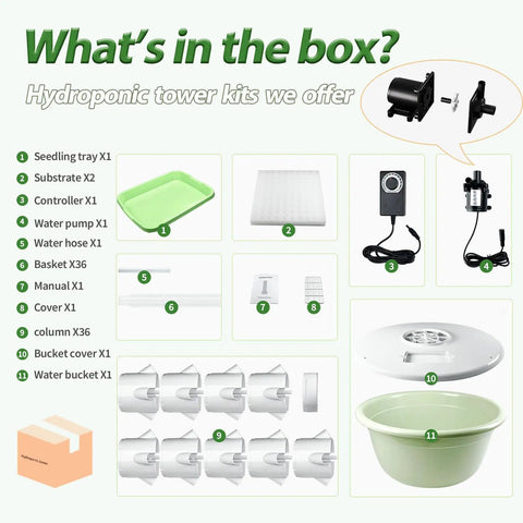 Image showing components of Dope Vertical Hydroponic Growing Tower Kit With Nine Layers And Thirty Six Plant Spots, including trays and pump.