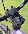 Close-up of Rugged Aluminum BMX Bike Stem 95mm Rise for 22.2mm Bars and 1 1/8 Inch Fork Matte Black Ride Ready Finish installed on bike.