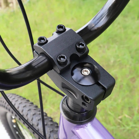 Close-up of Rugged Aluminum BMX Bike Stem 95mm Rise for 22.2mm Bars and 1 1/8 Inch Fork Matte Black Ride Ready Finish installed on bike.