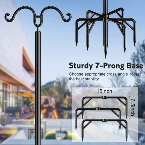 Two Pack String Light Poles With Seven Prong Steel Construction close-up of 7-prong base on patio with diagram of dimensions
