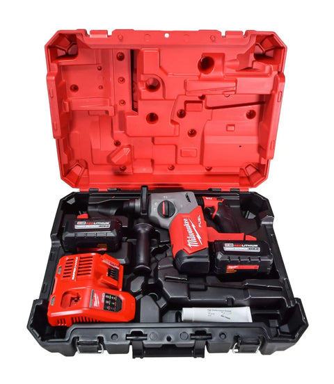 One Inch Sds Plus Brushless Rotary Hammer Cordless Kit Featuring Dual Six Ah Batteries And Fast Charger in red case.