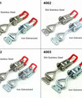 4 Pack Quick Catch Toggle Latches With Adjustable Hasp Lock For Cabinet Doors, featuring stainless steel and iron galvanized materials.
