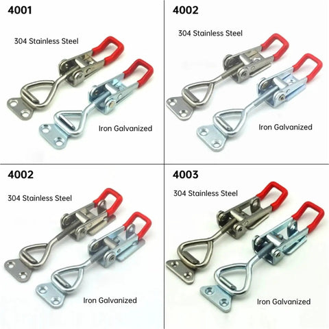 4 Pack Quick Catch Toggle Latches With Adjustable Hasp Lock For Cabinet Doors, featuring stainless steel and iron galvanized materials.
