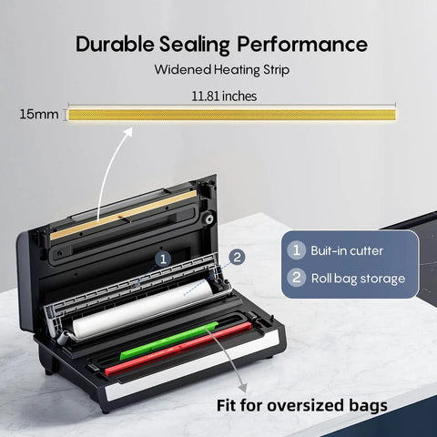 Open High Power Auto Vacuum Sealer With 95KPa Vacuum No Fuss Dry Wet Detection Built In Bag Cutter on marble counter
