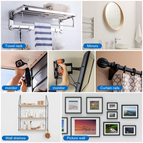 Various uses of Drywall Anchors Kit With 170 Pieces For Secure Mounting Of Picture Frames Shelves And Curtain Rods including towel racks and curtain rails