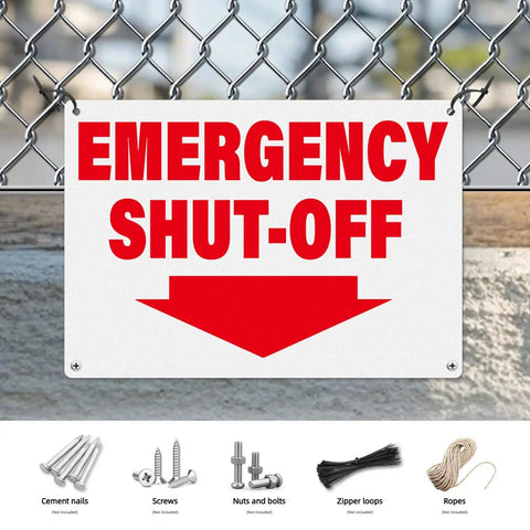 2 Pack Aluminum Tough As Nails Emergency Shut Off Signs 10 By 7 Inches Waterproof and Durable for Industrial Warehouse Use
