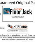 Company bag tag and sticker for Lazzar's Floor Jack, with contact details and guarantee of original parts.