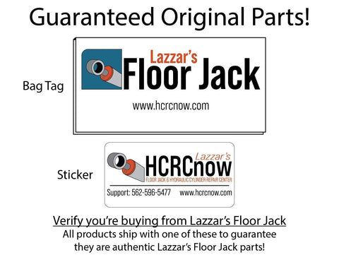 Company bag tag and sticker for Lazzar's Floor Jack, with contact details and guarantee of original parts.