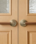Walnut Wood Decorative Door Lever Two Pack With Antique Brass Finish Zinc Alloy Base Non Locking Dummy Handle For Interior Doors Warm Touch And Premium Cozy Vibe on double doors