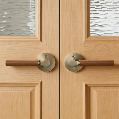 Walnut Wood Decorative Door Lever Two Pack With Antique Brass Finish Zinc Alloy Base Non Locking Dummy Handle For Interior Doors Warm Touch And Premium Cozy Vibe on double doors