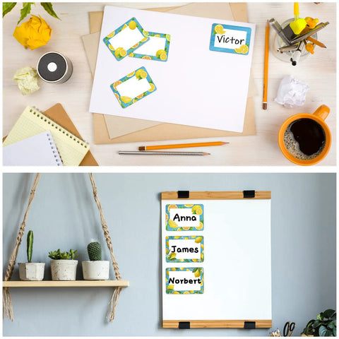 Lemon Themed Classroom Name Tags Set Of 48 Self Adhesive Desk Nameplates displayed on desk and board with personalized names.