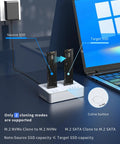 Skip The Hassle With This Knockout M2 NVMe SATA SSD Cloner Double Bay Duplicator Enclosure showing cloning interface and SSD connections.