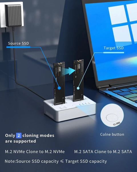 Skip The Hassle With This Knockout M2 NVMe SATA SSD Cloner Double Bay Duplicator Enclosure showing cloning interface and SSD connections.