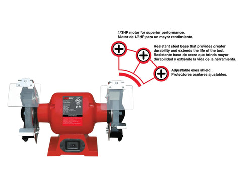 6-Inch Bench Grinder With Dual Eye Shields, 3400 RPM, 2.1A, 1/3 HP, shown with adjustable shields and dual grit wheels for metal prep