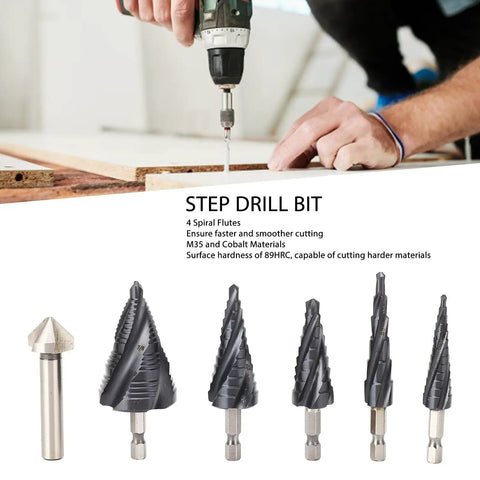 Heavy Duty Step Drill Bit Set With M35 Cobalt Pagoda Bits For Stainless Steel And Metal Plates Including Versatile Multi-Size Kit That Drills Smoothly Through Hard Materials Without Breaking, 5 step bits and 1 straight bit