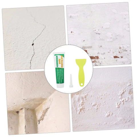 Two Pack Wall Repair Cream Kit With Scraper And Precision Applicator For Quick Interior And Exterior Crack Repair Self Adhesive Paste For DIY Home Projects with visible wall repair effects on cracks and holes.