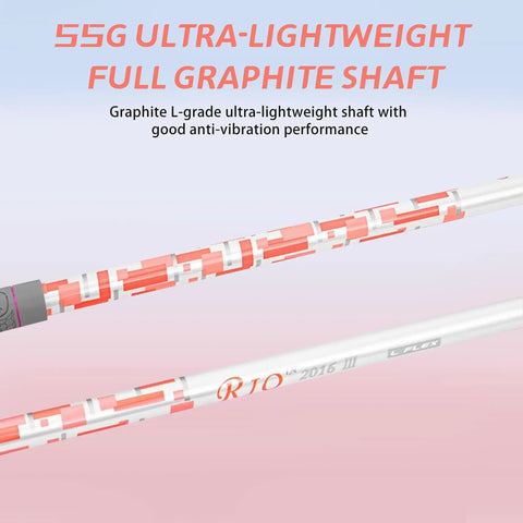 55g ultra-lightweight graphite shaft with red and white design; part of Womens 4 Piece Golf Club Set Right Handed With Lightweight Graphite Shafts Easy Handling With Soft Grips Driver Irons Putter And Golf Bag Beginner Friendly Starter Kit In Multiple Color Options