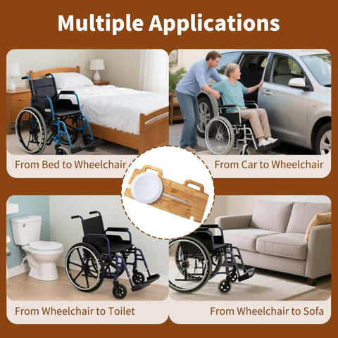 Heavy Duty Slide Transfer Board With Swivel Turntable For Wheelchair To Bed Or Toilet Relocation Smooth Zero Sweat Patient Mobility Aid showcased in multiple use scenarios including transferring from wheelchair to bed and toilet.