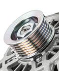 Close-up of Beefed Up 12V 150 Amp Alternator With 6 Groove Pulley For Ford Focus 2008 To 2011 and other models.