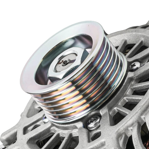 Close-up of Beefed Up 12V 150 Amp Alternator With 6 Groove Pulley For Ford Focus 2008 To 2011 and other models.