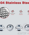 Kickass Heavy Duty 1/4-20 Serrated Flange Hex Nuts 304 Stainless Steel showing serrated design and shiny finish.