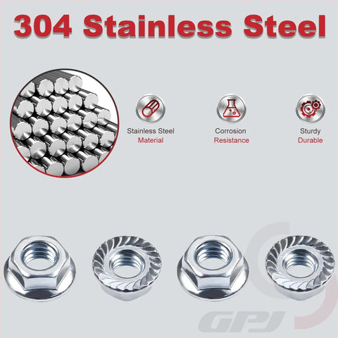 Kickass Heavy Duty 1/4-20 Serrated Flange Hex Nuts 304 Stainless Steel showing serrated design and shiny finish.