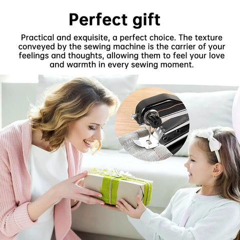 Portable Mini Sewing Machine For Beginners With An Integrated Storage Kit shown as a perfect gift for mothers and daughters
