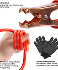 Beefed Up Roadside Emergency Car Kit With Jump Cables And Tow Strap Premium Auto Safety Gear showing clamp, cable, and gloves.
