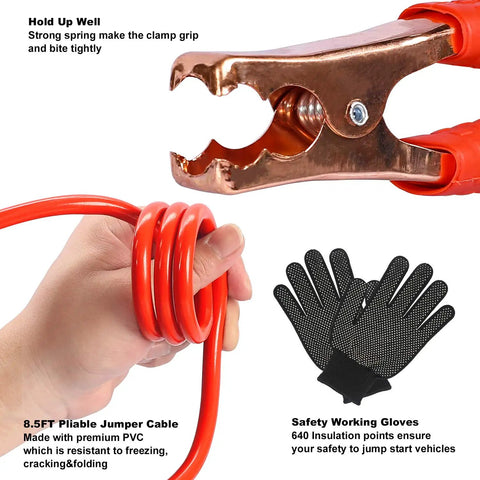 Beefed Up Roadside Emergency Car Kit With Jump Cables And Tow Strap Premium Auto Safety Gear showing clamp, cable, and gloves.