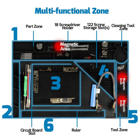 M170 Silicone Soldering Mat 17.3 By 12.2 Inches Heat Resistant With Eight Function Zones Magnetic Soldering Pad layout diagram