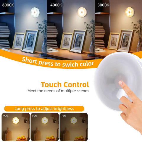 4 Pack Rechargeable Puck Lights With Remote And Touch Control, Wireless Under Cabinet Lighting demonstration, color and brightness adjustments