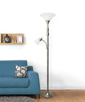 Two Light Mother Daughter Floor Lamp With White Marble Glass Shades In Brushed Nickel Finish, Tall 71 Inch Living Room Lamp