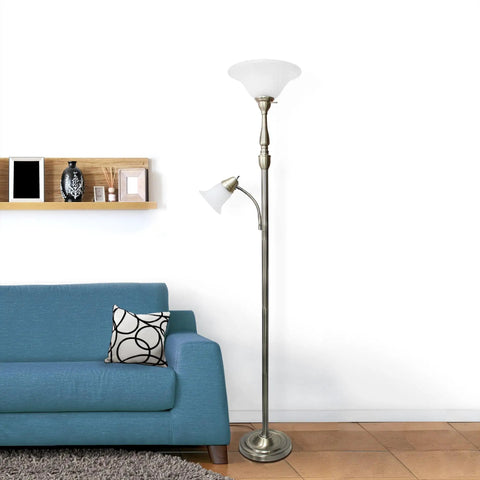 Two Light Mother Daughter Floor Lamp With White Marble Glass Shades In Restoration Bronze Finish That Sleek Vibe Tall Seventy One Inch Height Three Way Main Light And Reading Light Great Living Room Or Bedroom Accent Easy Assembly next to blue sofa