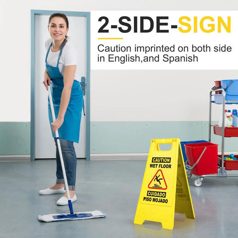 8 Pack Caution Wet Floor Signs, 17.5 Inch Yellow Safety Warning Signs For High Traffic Areas, bilingual, displayed near a cleaner