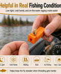 Hands using Magnetic Fly Threader 4 Slot Precision Tool Bright Orange For Fly And Ice Fishing, threading fly in low light