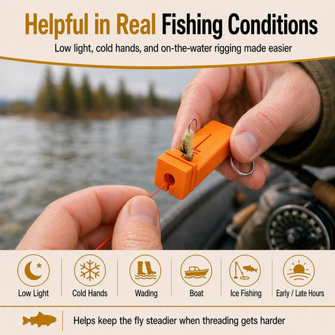 Hands using Magnetic Fly Threader 4 Slot Precision Tool Bright Orange For Fly And Ice Fishing, threading fly in low light