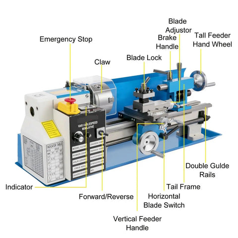 14 Inch Mini Metal Lathe With Drilling Machine And Variable Speed Motor, 550W Precision Mill with labeled features for operation.