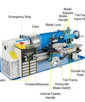 14 Inch Mini Metal Lathe Machine With Variable Speed Control 550W Motor components and controls diagram on a benchtop.