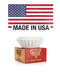 Commercial Coffee Filters For 12 Cup Drip Machines, Extra Tall Walls To Prevent Grounds Overflow, Large Nine And Three Quarters Inch Diameter, Fits BUNN Fetco Curtis Bloomfield Royal Cup And Most 12 Cup Brewers, 500 Count, Pro Grade Made In USA with USA flag in background.