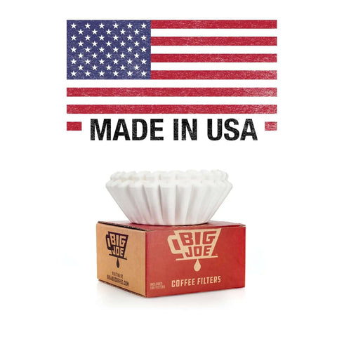 Commercial Coffee Filters For 12 Cup Drip Machines, Extra Tall Walls To Prevent Grounds Overflow, Large Nine And Three Quarters Inch Diameter, Fits BUNN Fetco Curtis Bloomfield Royal Cup And Most 12 Cup Brewers, 500 Count, Pro Grade Made In USA with USA flag in background.