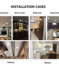Slim LED Canless Recessed Downlight 6 Inch installation examples in various home areas like living room, kitchen, and bathroom.