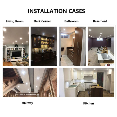 Installation cases of Canless 6 Inch LED Recessed Downlight With Junction Box Ultra Thin Dimmable Ceiling Light in various rooms.
