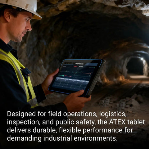 Top Tier ATEX Certified Explosion Proof Rugged Tablet 10 1 Inches in use at a mine, showcasing industrial durability and performance.