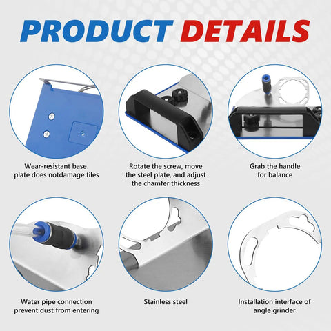 Close-up of 45 Degree Tile Chamfering Tool With Stand For Angle Grinders Universal 100 Type Chamfer Kit parts and details