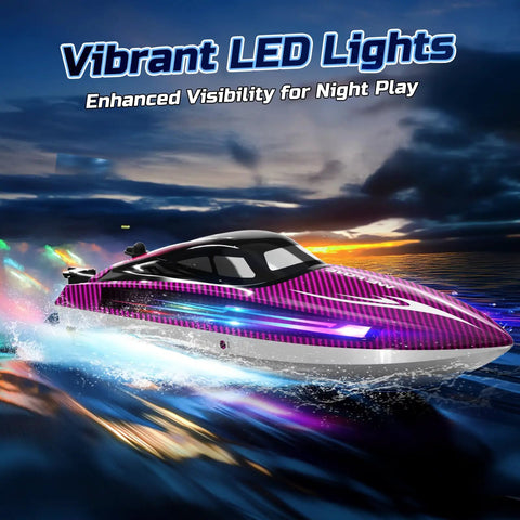 Fast Remote Control Boat For Adults With LED Lights And Self Righting, 15 MPH Racing RC Boat With 3 Speed Modes, Purple WF17