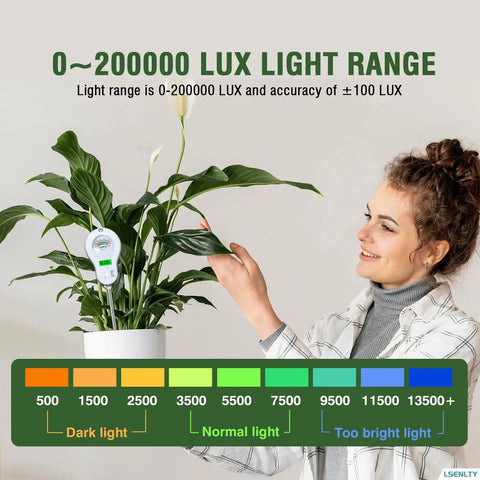 Woman demonstrating Six In One Soil Tester With Light, Moisture, pH, Temperature, Humidity, And Nutrient Readings on a potted plant.