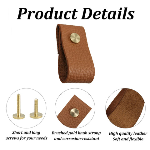 8 Pieces Leather Drawer Pulls Set With Brushed Gold Knobs For Cabinets And Furniture Dark Brown, Soft Leather Handles
