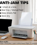 Printable Vinyl Sticker Paper For Inkjet And Laser Printers, White Matte 8.5x11 Inch Sheets with anti-jam tips on desk setup